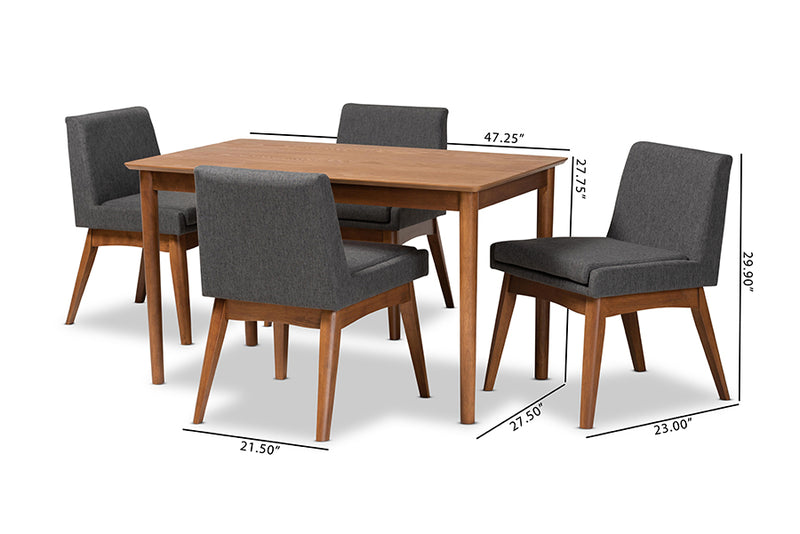 Larine Mid-Century Modern Dark Gray Fabric Upholstered and Walnut Brown Finished Wood 5-Piece Dining Set