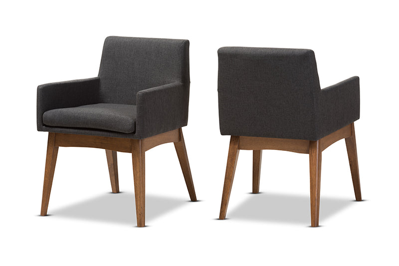 Larine Mid-Century Modern Walnut Wood Finishing Dark Gray Fabric Dining Armchair (Set of 2)