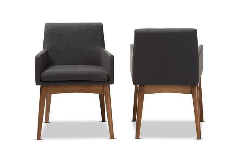 Larine Mid-Century Modern Walnut Wood Finishing Dark Gray Fabric Dining Armchair (Set of 2)