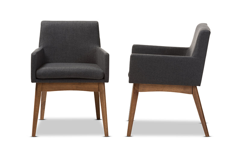 Larine Mid-Century Modern Walnut Wood Finishing Dark Gray Fabric Dining Armchair (Set of 2)