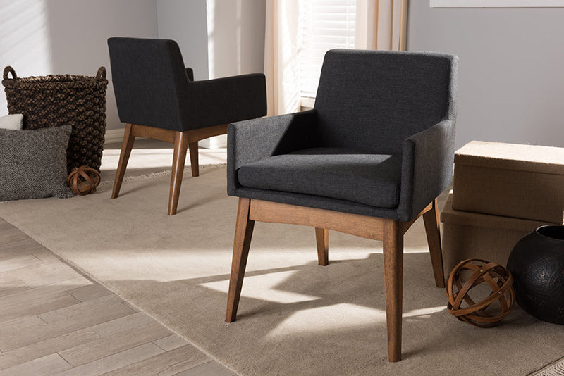 Larine Walnut Wood Finishing Dark Gray Fabric Dining Armchair (Set of 2) Baxton