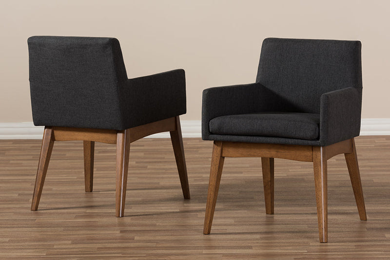 Larine Walnut Wood Finishing Dark Gray Fabric Dining Armchair (Set of 2) Baxton