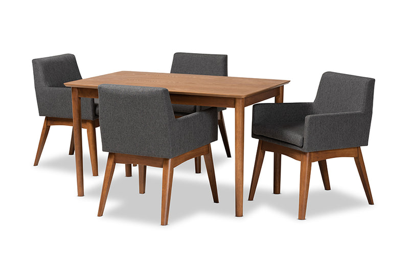 Malvina Mid-Century Modern Dark Gray Fabric Upholstered and Walnut Brown Finished Wood 5-Piece Dining Set