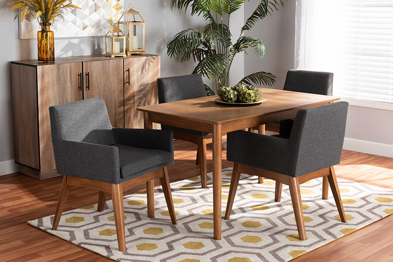 Malvina Mid-Century Modern Dark Gray Fabric Upholstered and Walnut Brown Finished Wood 5-Piece Dining Set