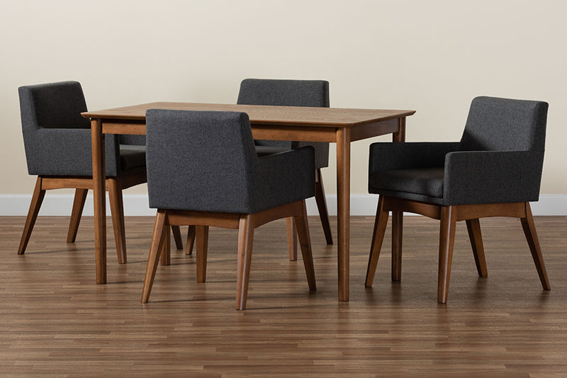 Malvina Mid-Century Modern Dark Gray Fabric Upholstered and Walnut Brown Finished Wood 5-Piece Dining Set