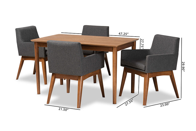 Malvina Mid-Century Modern Dark Gray Fabric Upholstered and Walnut Brown Finished Wood 5-Piece Dining Set