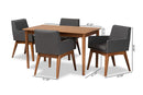Malvina Dark Gray Fabric Upholstered and Walnut Brown 5-Piece Dining Set Baxton
