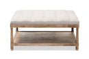 Larissa Weathered Oak Beige Linen Square Coffee Table Ottoman Baxton