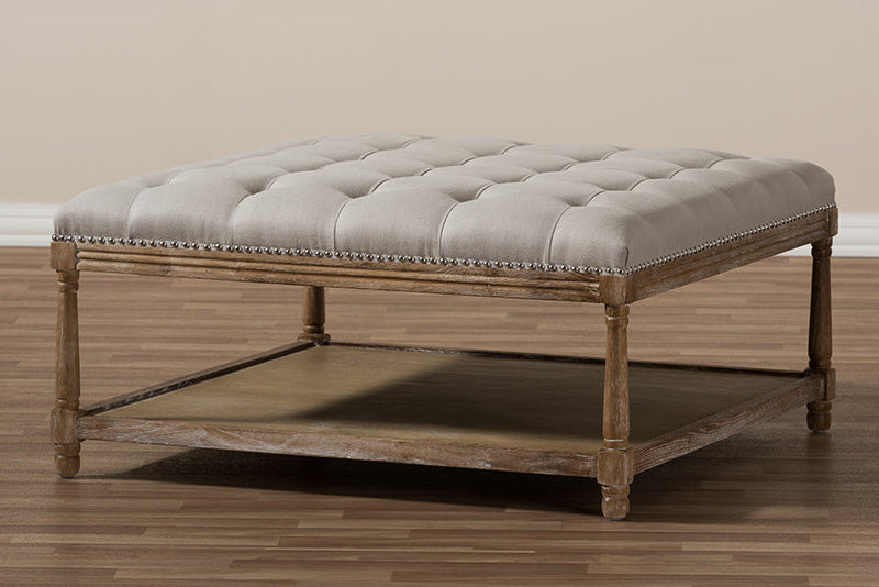 Larissa Weathered Oak Beige Linen Square Coffee Table Ottoman Baxton