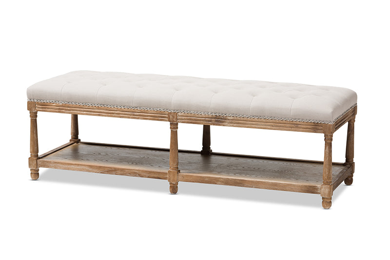 Barito French Country Weathered Oak Beige Linen Upholstered Ottoman Bench