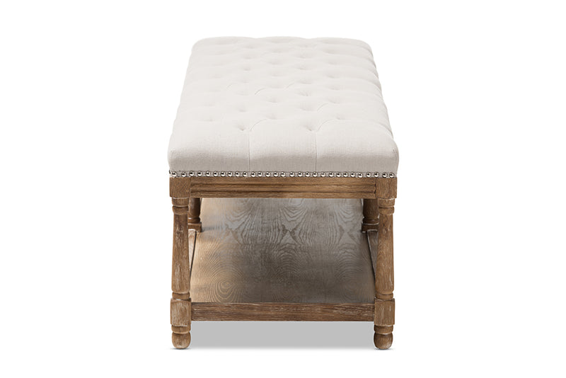 Barito French Country Weathered Oak Beige Linen Upholstered Ottoman Bench