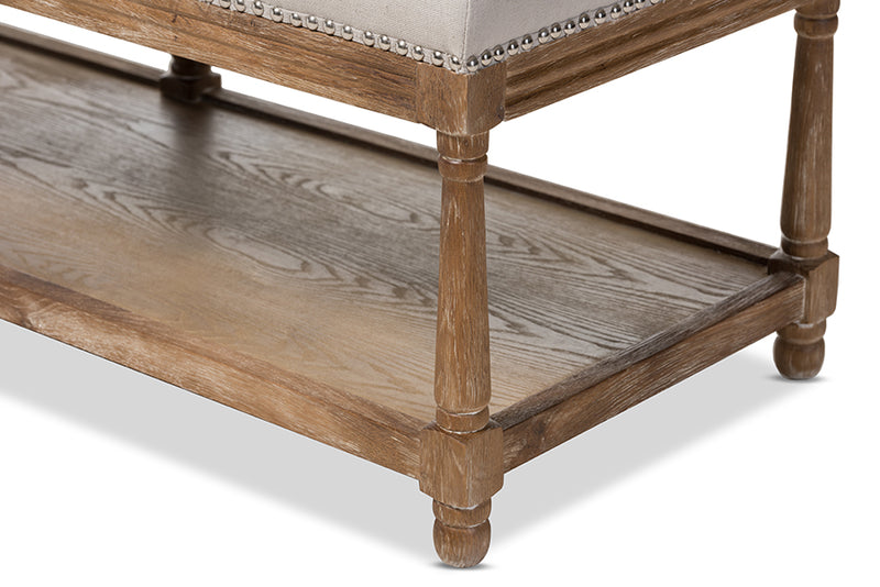 Barito French Country Weathered Oak Beige Linen Upholstered Ottoman Bench