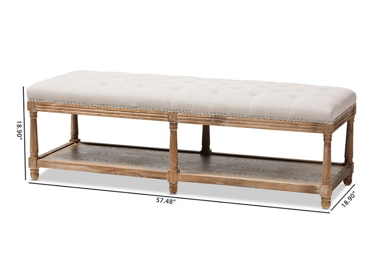 Barito French Country Weathered Oak Beige Linen Upholstered Ottoman Bench