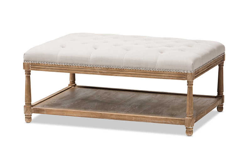 Larissa Weathered Oak Beige Linen Rectangular Coffee Table Ottoman Baxton