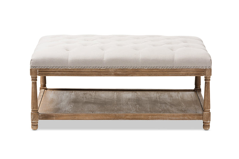 Larissa Weathered Oak Beige Linen Rectangular Coffee Table Ottoman Baxton