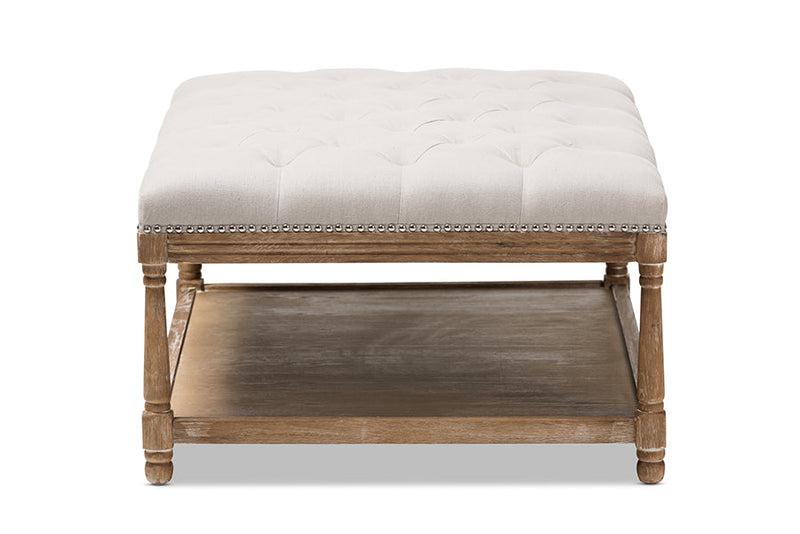 Larissa Weathered Oak Beige Linen Rectangular Coffee Table Ottoman Baxton