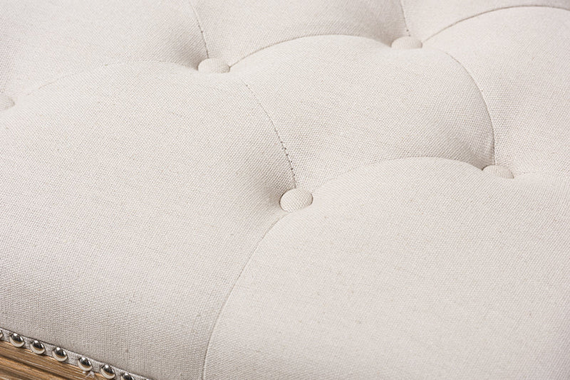 Larissa Weathered Oak Beige Linen Rectangular Coffee Table Ottoman Baxton