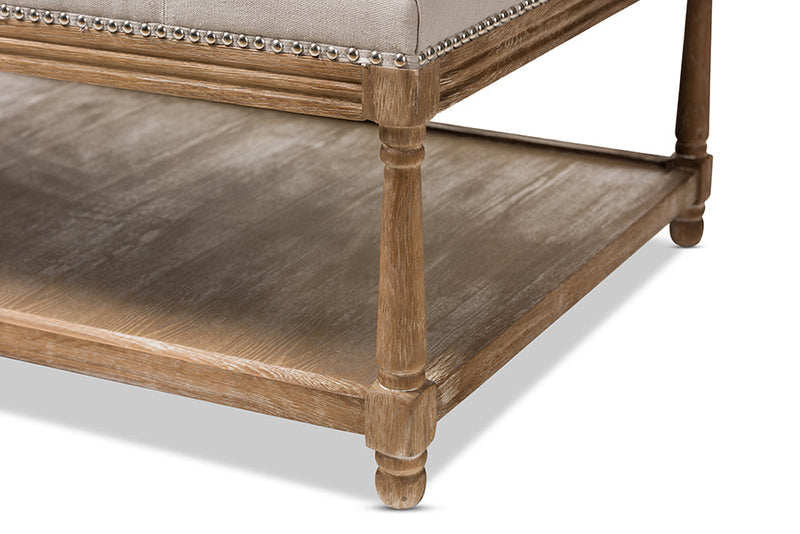 Larissa Weathered Oak Beige Linen Rectangular Coffee Table Ottoman Baxton