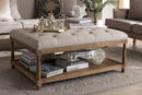 Larissa Weathered Oak Beige Linen Rectangular Coffee Table Ottoman Baxton