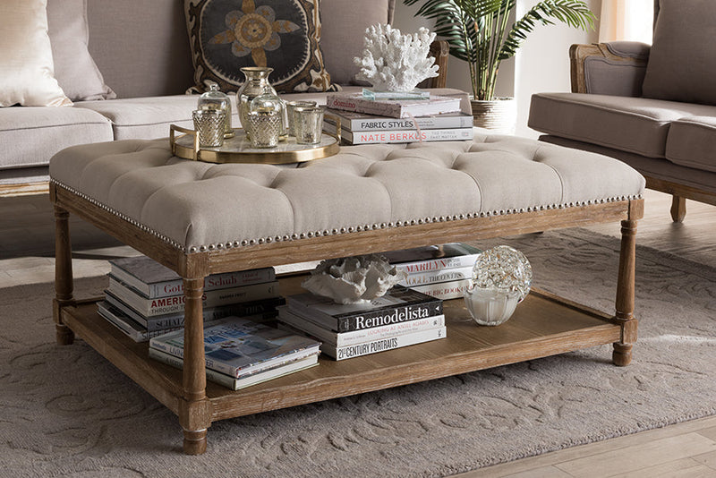 Larissa Weathered Oak Beige Linen Rectangular Coffee Table Ottoman Baxton