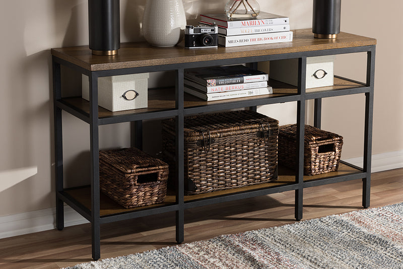 Hayate Rustic Industrial Style Oak Brown Finished Wood and Black Finished Metal Console Table