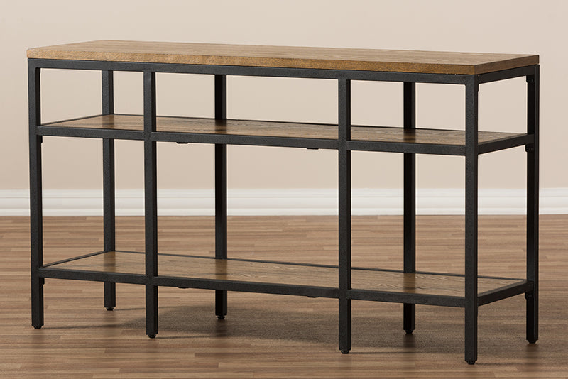 Hayate Rustic Industrial Style Oak Brown Finished Wood and Black Finished Metal Console Table