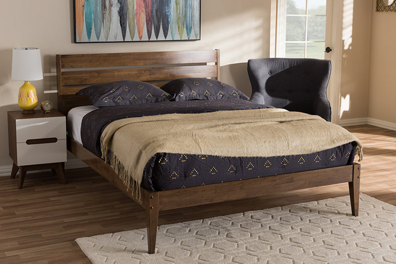 Aster Mid-Century Modern Solid Walnut Wood Slatted Headboard Style Full Size Platform Bed