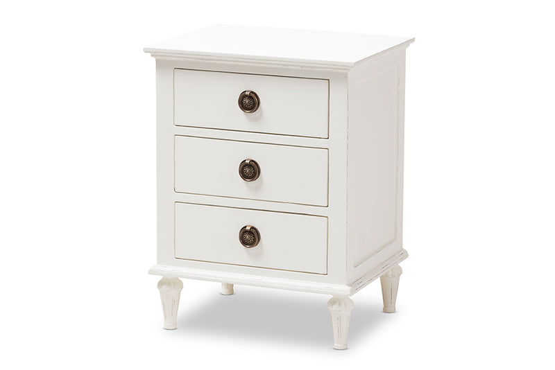 Beltran French-Inspired Rustic Whitewash Wood 3-Drawer Nightstand