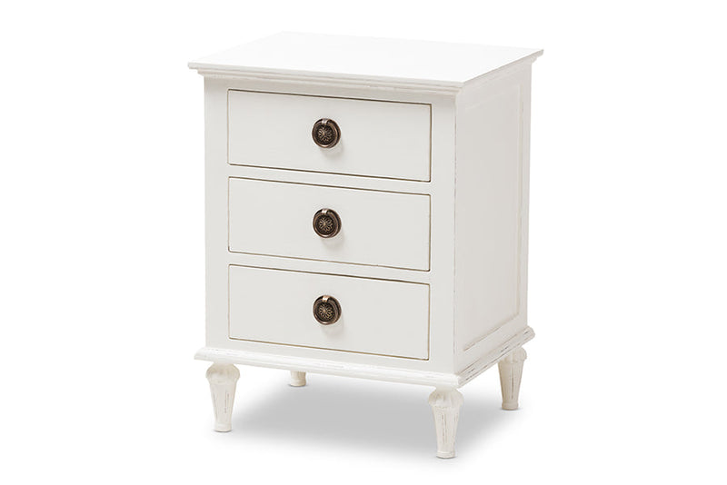 Beltran French-Inspired Rustic Whitewash Wood 3-Drawer Nightstand Baxton