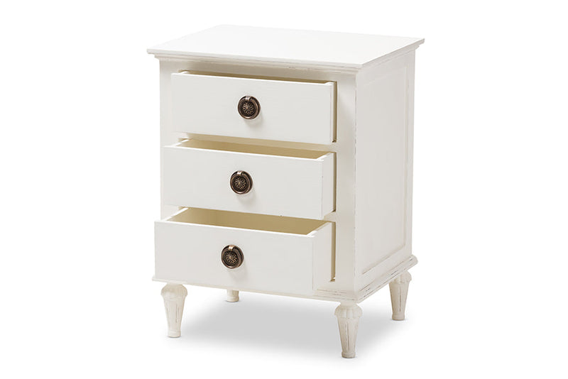 Beltran French-Inspired Rustic Whitewash Wood 3-Drawer Nightstand Baxton