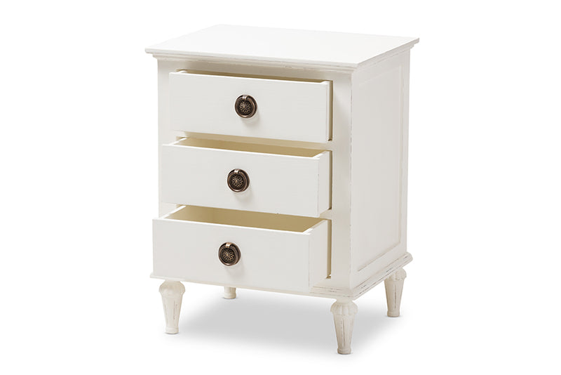 Beltran French-Inspired Rustic Whitewash Wood 3-Drawer Nightstand