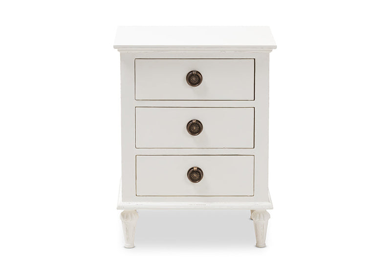 Beltran French-Inspired Rustic Whitewash Wood 3-Drawer Nightstand Baxton