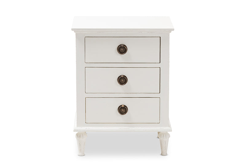 Beltran French-Inspired Rustic Whitewash Wood 3-Drawer Nightstand