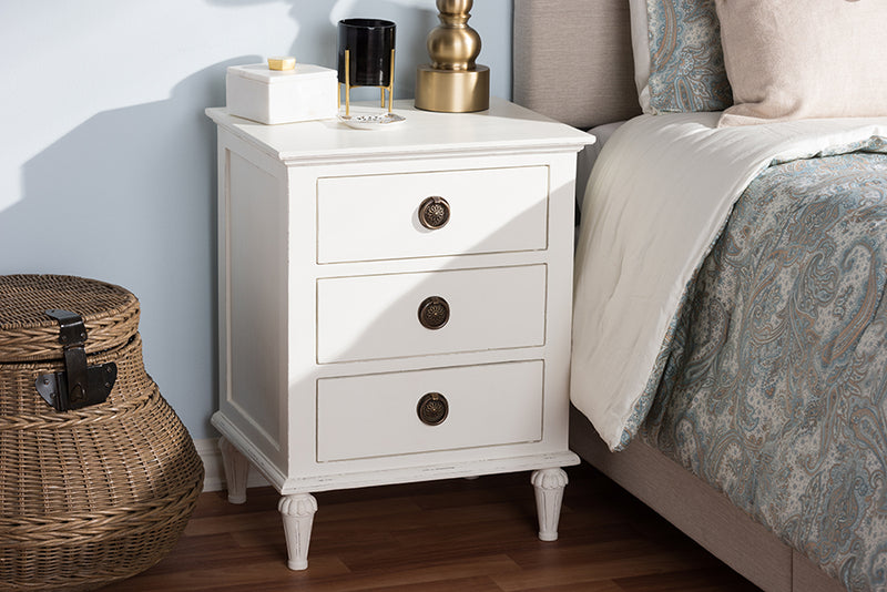 Beltran French-Inspired Rustic Whitewash Wood 3-Drawer Nightstand