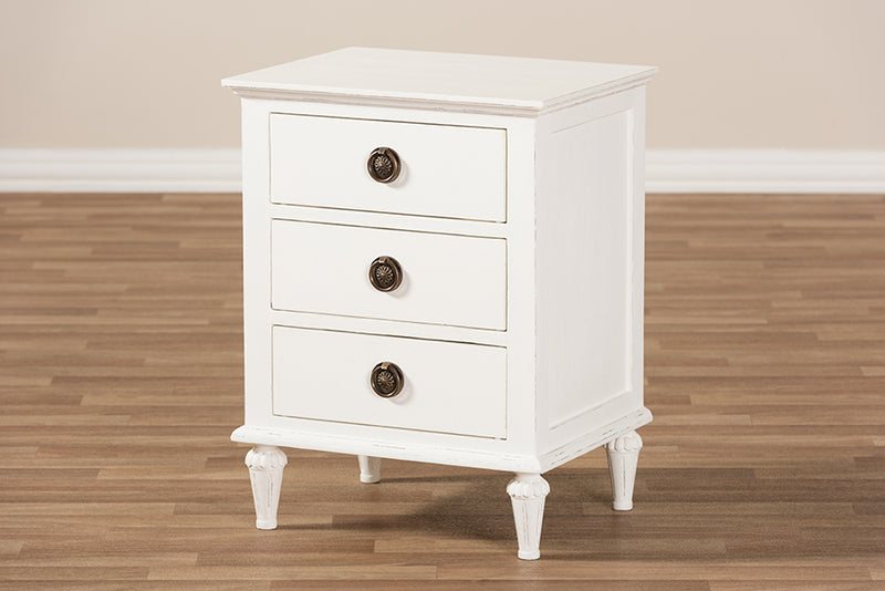 Beltran French-Inspired Rustic Whitewash Wood 3-Drawer Nightstand