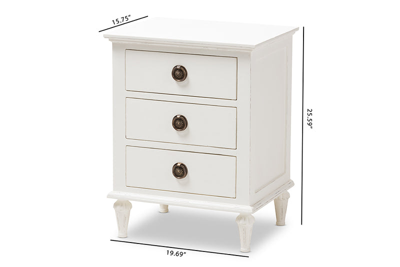 Beltran French-Inspired Rustic Whitewash Wood 3-Drawer Nightstand