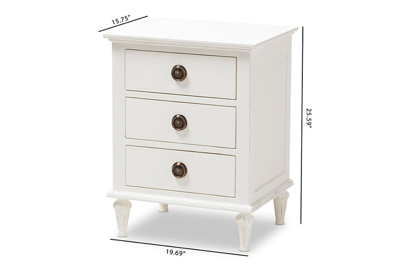 Beltran French-Inspired Rustic Whitewash Wood 3-Drawer Nightstand Baxton