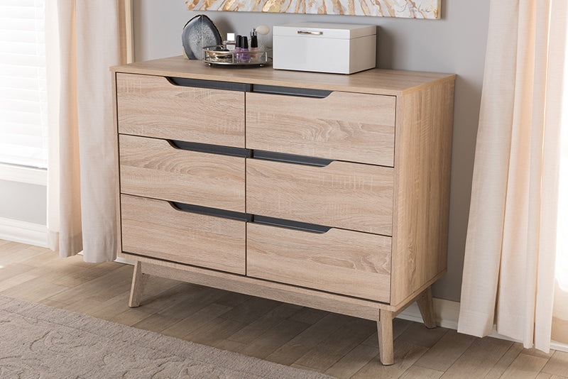 Zariah Mid-Century Modern Two-Tone Oak and Gray Wood 6-Drawer Dresser