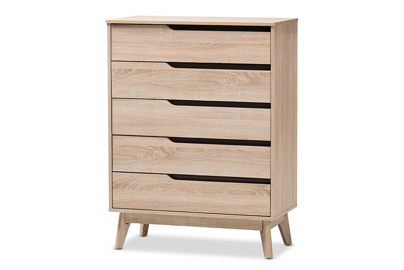 Zariah Mid-Century Modern Two-Tone Oak and Gray Wood 5-Drawer Chest