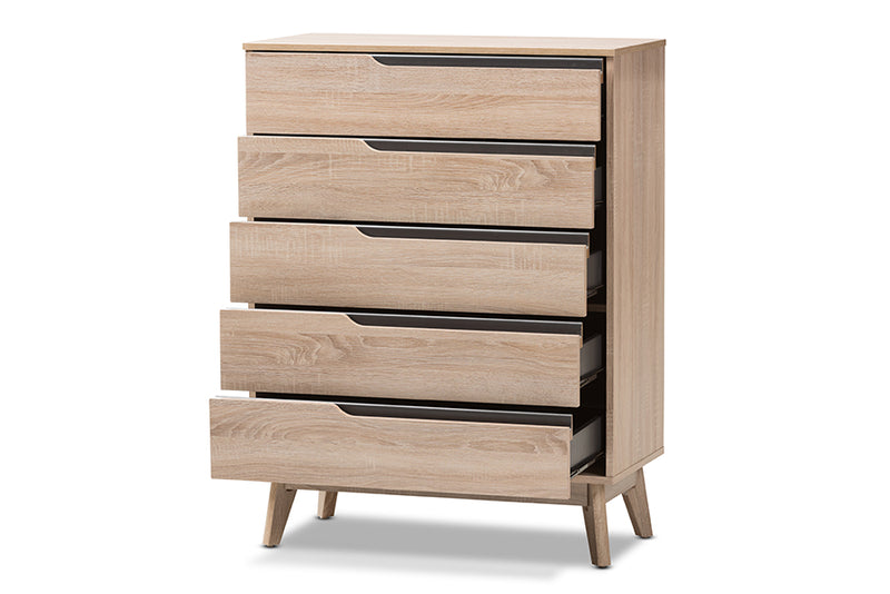 Zariah Mid-Century Modern Two-Tone Oak and Gray Wood 5-Drawer Chest