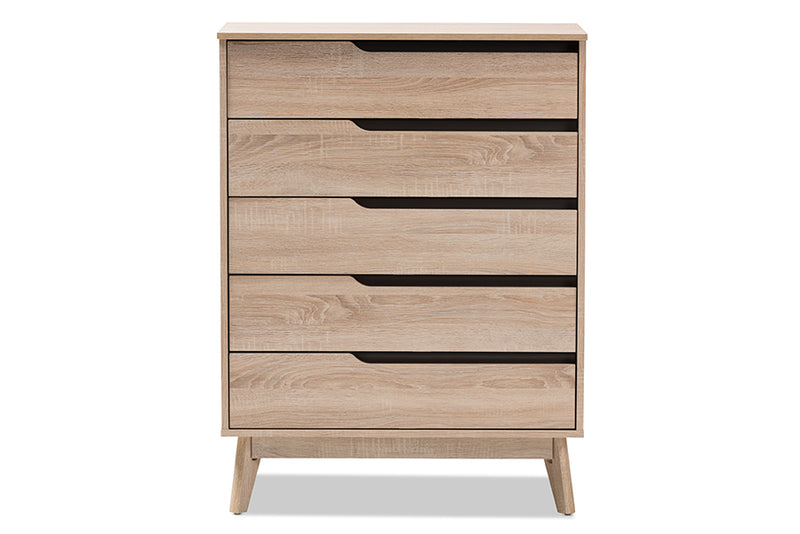 Zariah Mid-Century Modern Two-Tone Oak and Gray Wood 5-Drawer Chest