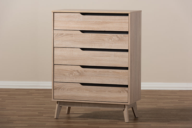 Zariah Mid-Century Modern Two-Tone Oak and Gray Wood 5-Drawer Chest