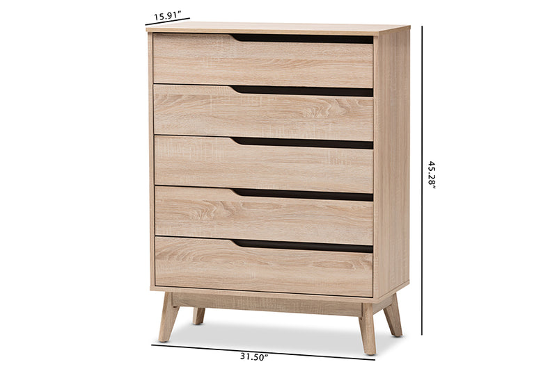 Zariah Mid-Century Modern Two-Tone Oak and Gray Wood 5-Drawer Chest