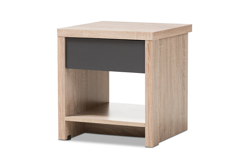 Nevan Two-Tone Oak and Gray Wood 1-Drawer 1-Shelf Nightstand Baxton