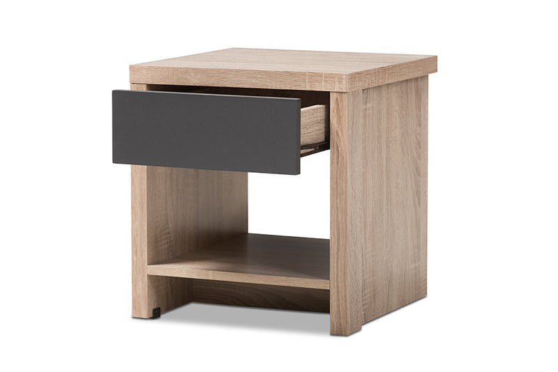 Nevan Two-Tone Oak and Gray Wood 1-Drawer 1-Shelf Nightstand Baxton