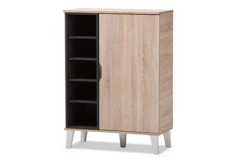 Wera Mid-Century Modern 1-door Oak and Gray Wood Shoe Cabinet