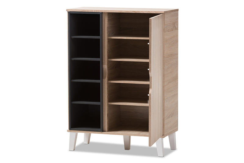 Wera Mid-Century Modern 1-door Oak and Gray Wood Shoe Cabinet