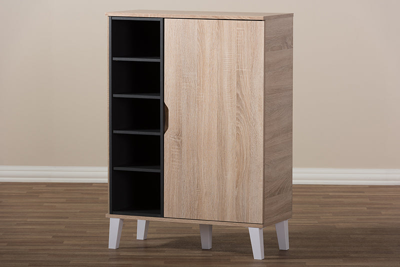 Wera Mid-Century Modern 1-door Oak and Gray Wood Shoe Cabinet