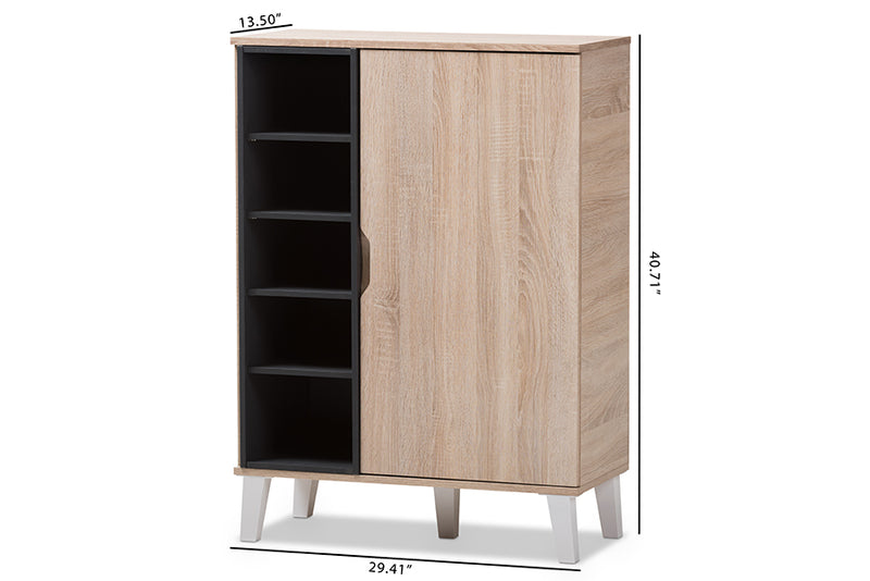 Wera Mid-Century Modern 1-door Oak and Gray Wood Shoe Cabinet