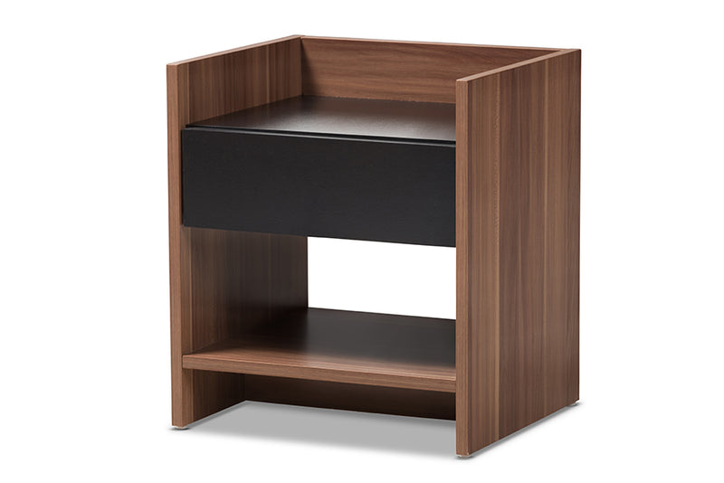 Tarah Modern and Contemporary Two-Tone Walnut and Black Wood 1-Drawer Nightstand